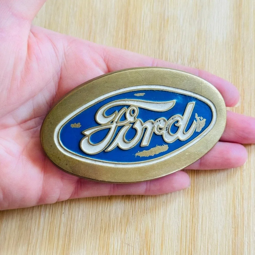 Vintage 1979 Ford motors Baron solid Brass Buckle Blue enamel oval chunky 70s